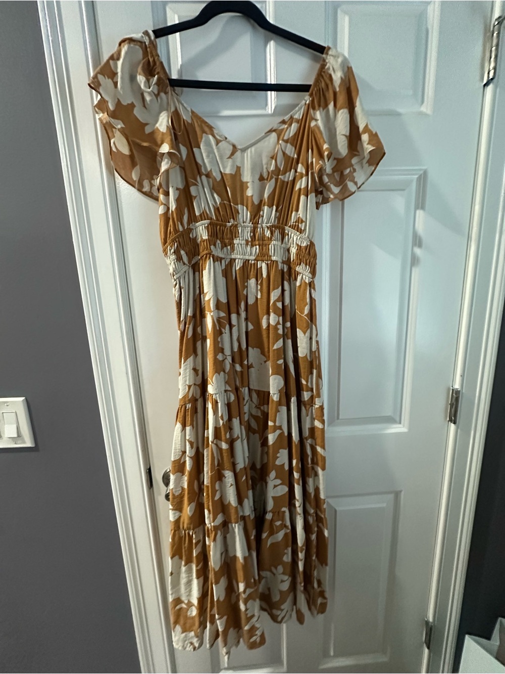 Women's Mustard Floral Midi Dress with Smocked Waist